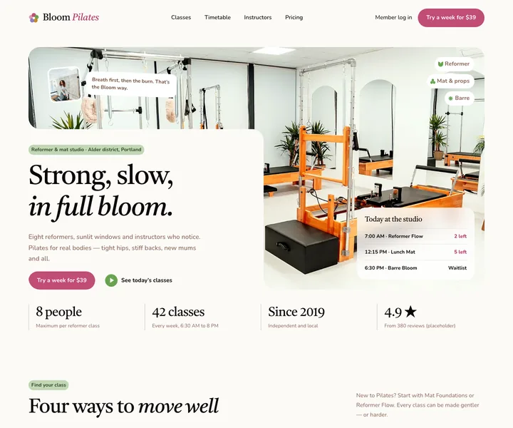 Bloom Pilates website, made with the Serenity skill