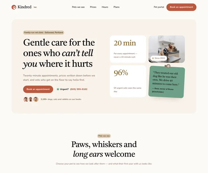 Kindred Vet website, made with the Serenity skill
